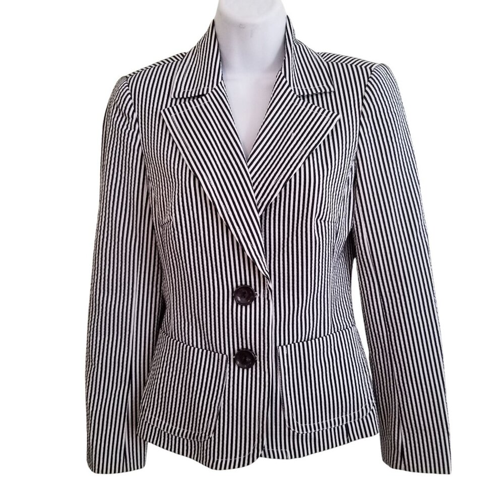 Trina Turk 2 Black White Stripe Seersucker Blazer Jacket Twee Academia Coastal N